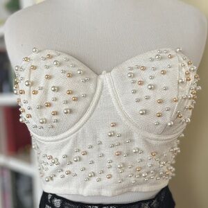 Bustier Tube Top White Pearl Embellished Front Cropped Sweetheart Bustline SZ M